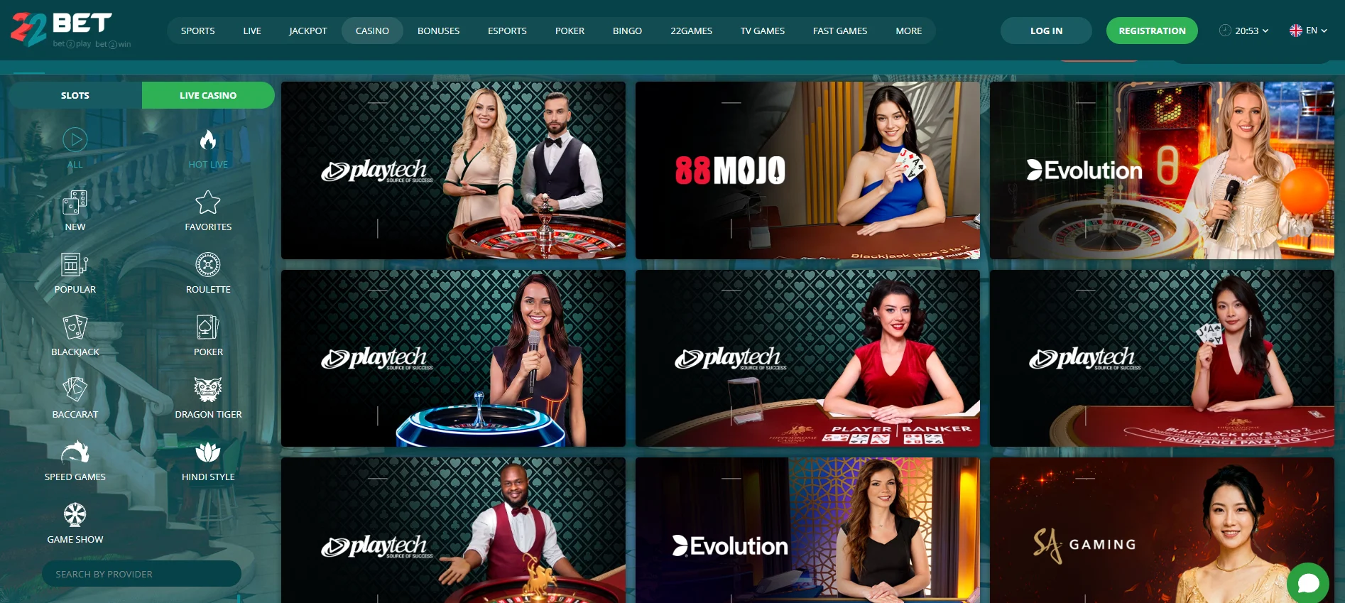 22Bet kazino landing stranica